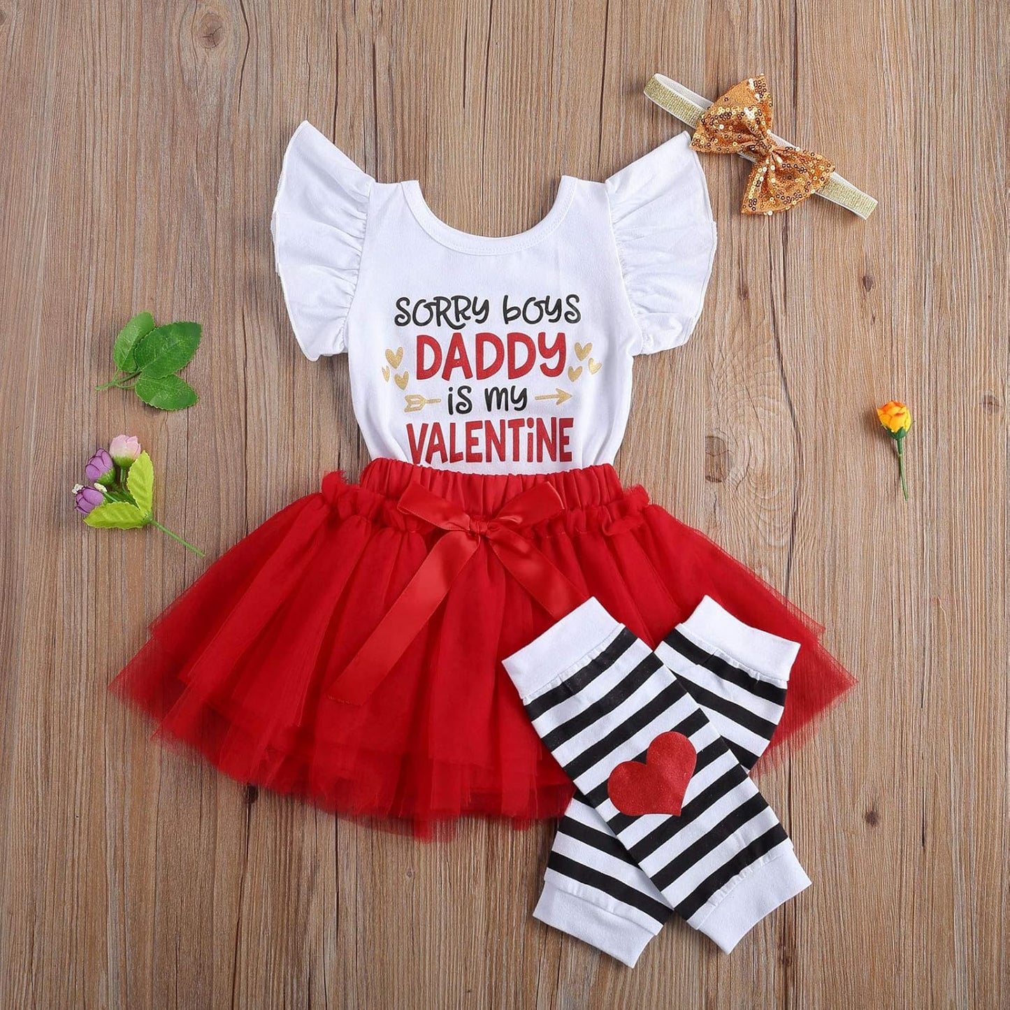 My First Valentine'S Day Baby Girl Outfit Ruffle Romper Bodysuit Tutu Skirt Love Leg Warmer Headband 4Pcs Clothes Set