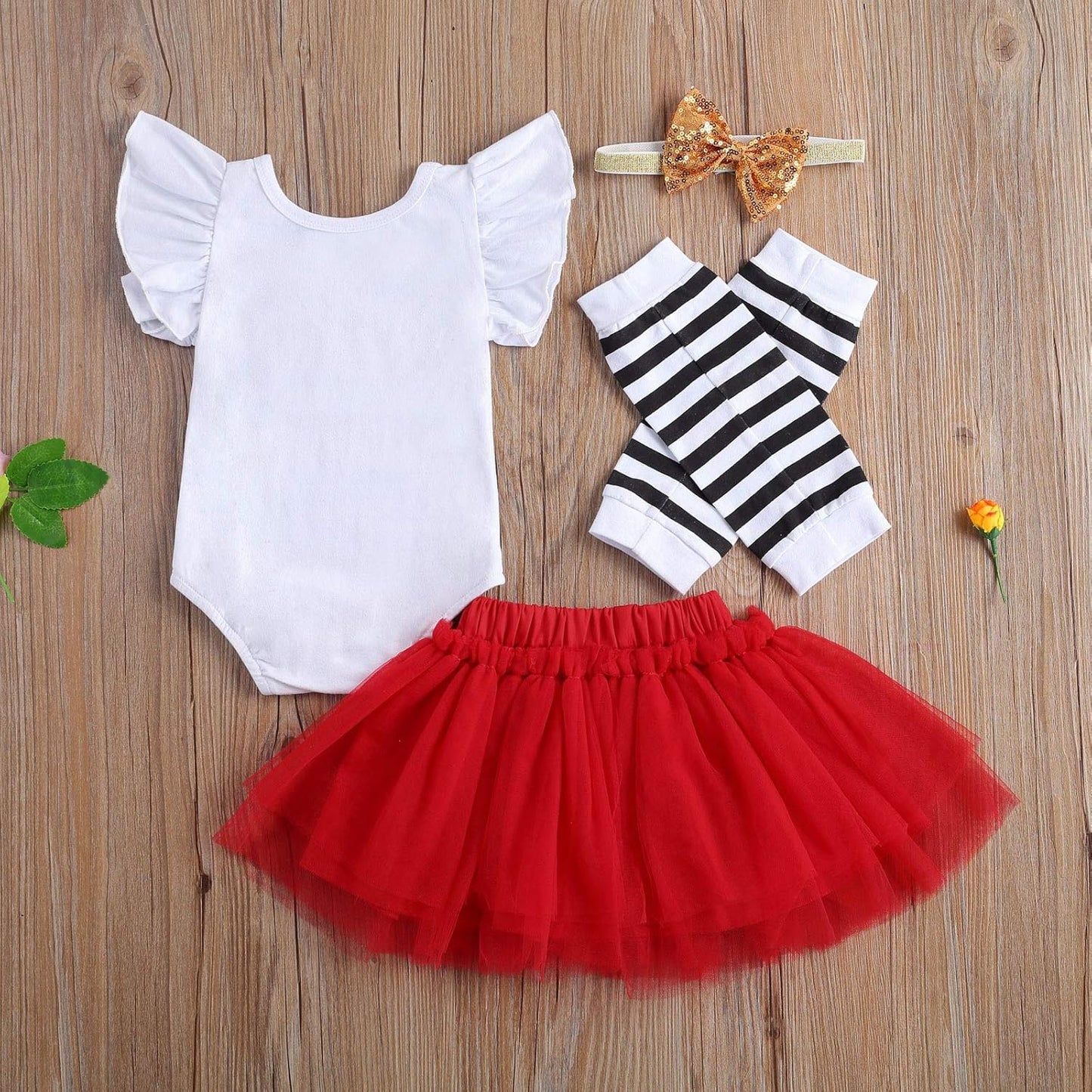My First Valentine'S Day Baby Girl Outfit Ruffle Romper Bodysuit Tutu Skirt Love Leg Warmer Headband 4Pcs Clothes Set