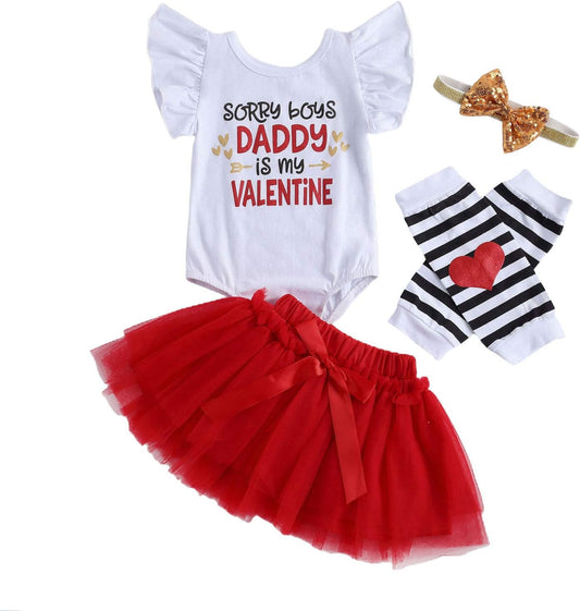 My First Valentine'S Day Baby Girl Outfit Ruffle Romper Bodysuit Tutu Skirt Love Leg Warmer Headband 4Pcs Clothes Set