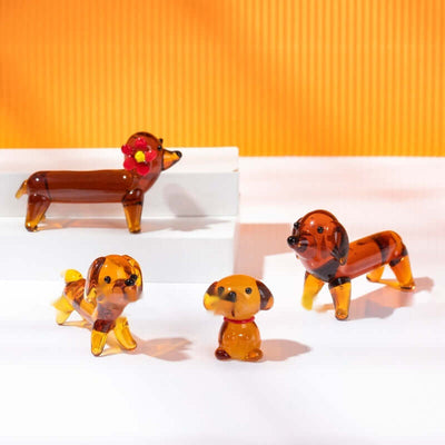 Tiny Royalty  Colored Glaze Handmade Sausage Dog Figurine Garage Kits featuring vibrant decorative dog figurines in various poses.