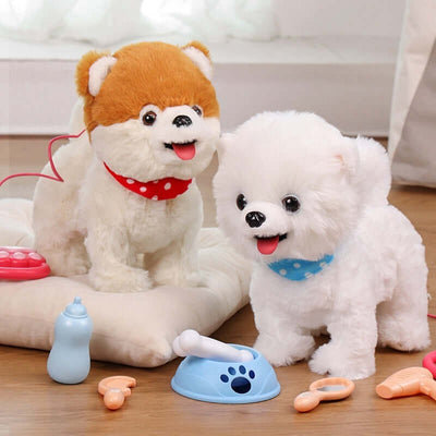 Tiny Royalty interactive plush dog toys in playful setting, promoting learning and sensory skills.