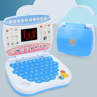Tiny Royalty LED display learning machine for children, music interactive toy in blue color.